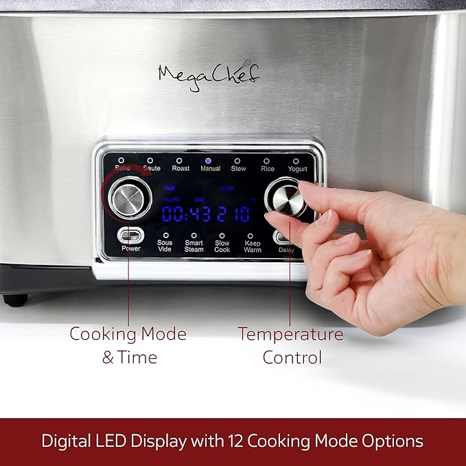 MegaChef Deluxe 8 Quart 12-in-1 Programmable Multi Cooker with Sous Vide and Multi-Functions, Digital Display, Adjustable Temperature & Time, Removable Pot, Tempered Glass Lid