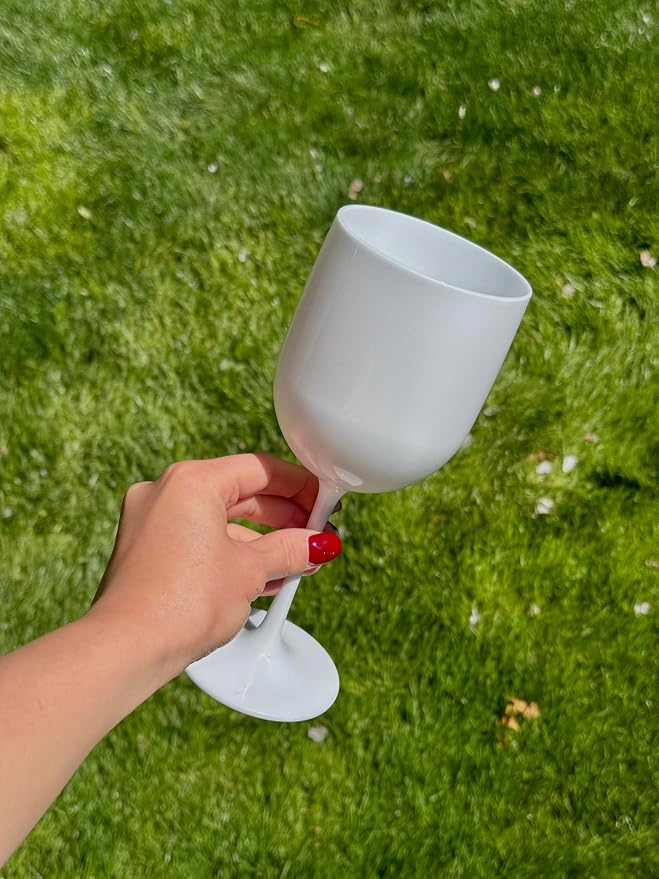 FOX & GRAPES Plastic Stemmed Wine Glasses | Unbreakable/Shatterproof, Reusable, Food Safe, Dishwasher Safe, For Birthday and Party, 16oz (White, Set of 6)