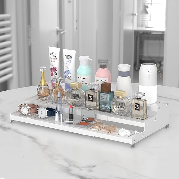 Jojocross Spice Rack Organizer for Cabinet, 3 Tier Expandable Shelf, Great for Kitchen Cabinets, Cupboard,Pantry and More,Metal Plate with Hole (2 Packs/White,9.45" D x 12.8"~24“L x 3.56" H)
