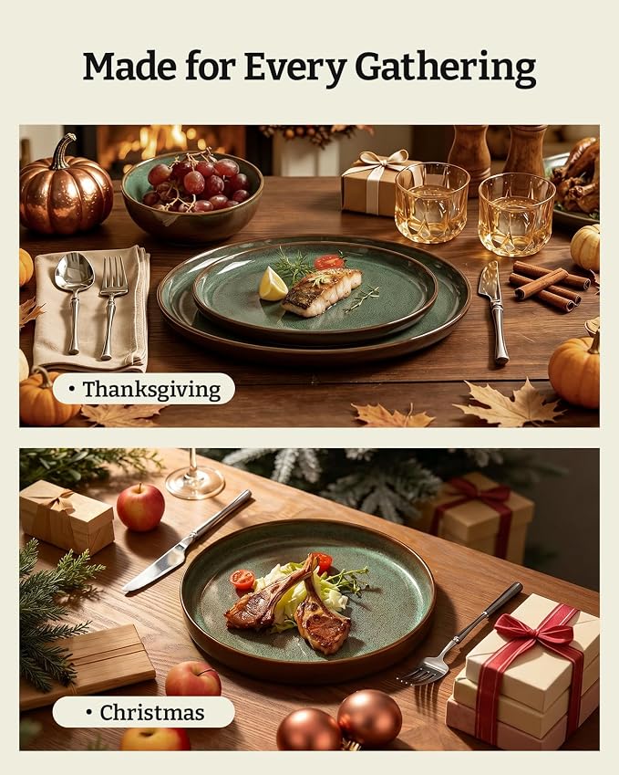 Famiware Milkyway Stoneware Dinnerware Set, 12-Piece, Double Reactive Glaze, Plates and Bowls, Service for 4, Microwave and Dishwasher Safe, Scratch-Resistant, Moss Green & Cocoa