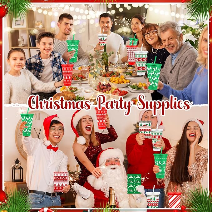 Feifeiya 72 Pcs/ 24 Set Christmas Bulk Gifts for Coworkers 24 oz Christmas Tumbler with Lids and Straws Xmas Pens Notepads Set Reusable Plastic Cups Gift for Xmas Holiday Party Supplies Employee
