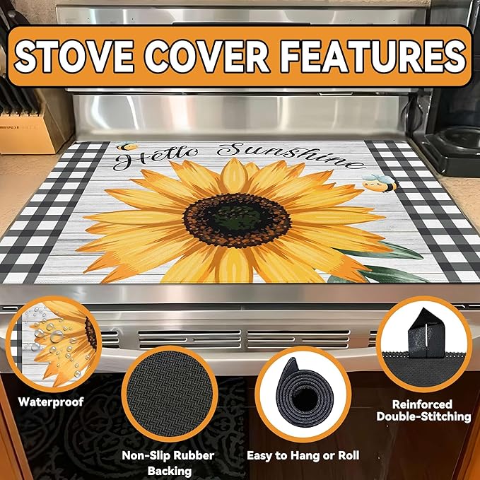 Decorative Stove Top Covers for Electric Stove 28"x20" – Heat Resistant Glass Cooktop Protector Dish Drying Mat – Non-Slip Rubber Backing Washer Top Cover Waterproof Extra Counter Space (Sunflower 1)
