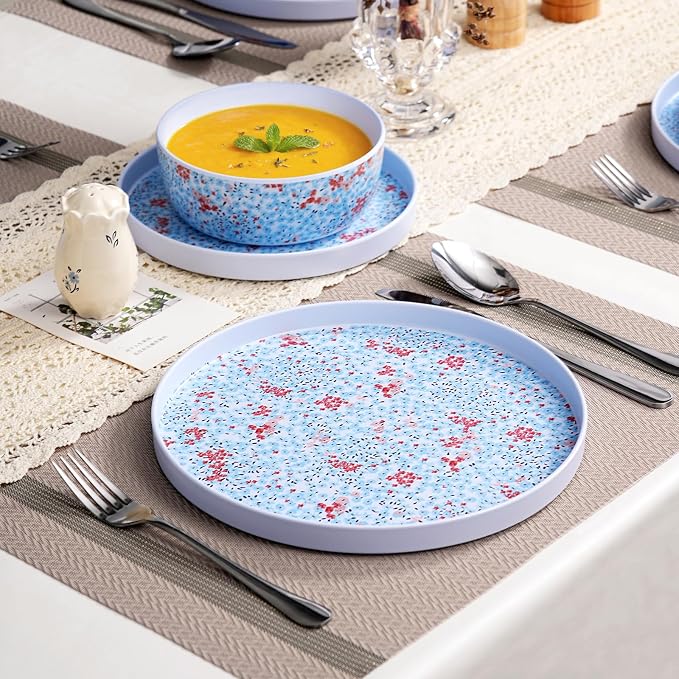 12 Pcs Melamine Dinnerware Set for 4, Floral Plates and Bowls Set | Dishwasher Safe&Lightweight Unbreakable Dish Set For Indoor Outdoor RV Camping Picnic,Service for 4