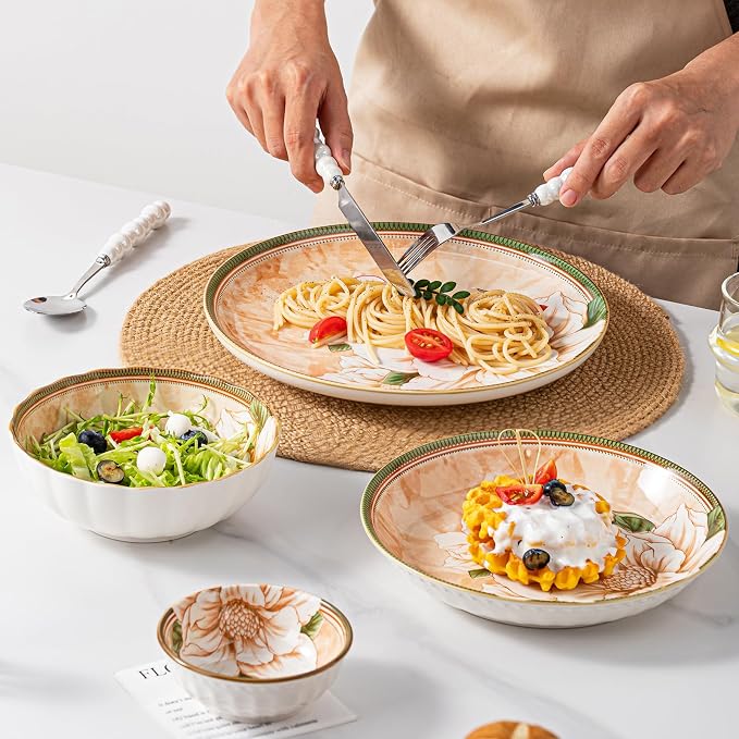 16-Piece Dinnerware Set for 4, Ceramic Plates and Bowls Sets, Microwave & Dishwasher Safe Dish Sets for Daily Use & Gifting, with Vintage Camellia Floral Pattern