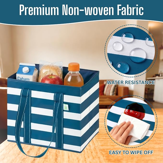 VENO 3 Pack Reusable Grocery Bags, Shopping Bags for groceries, Utility Tote with Handles and Hard Bottom, Foldable Shopping Cart Organizer, Heavy-Duty (Classic Navy, 6 Gallon-3 Pack)
