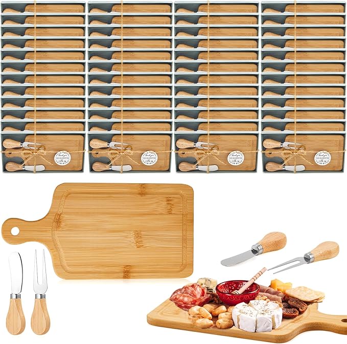 Ziliny 50 Set Bridal Baby Shower Cheese Prizes Wooden Square Board Gift Set Knives Forks Thank You Tags with Box for Guests for Valentines Bridal Baby Shower Housewarming Gifts (Bamboo Color)