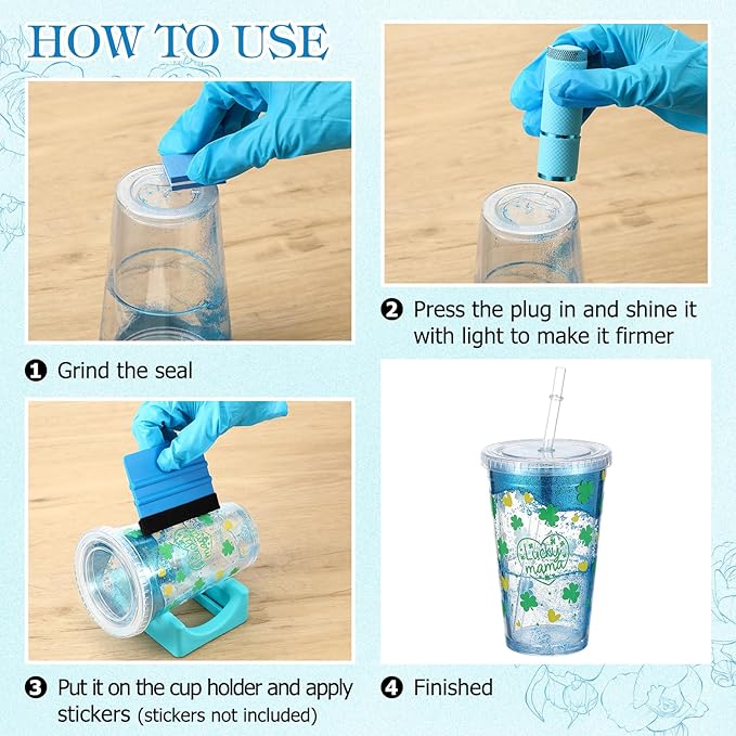 Baderke 20 Pcs Snow Globe Tumbler DIY Kit 16 oz Tumbler Squeeze Bottle, Glitter, Funnel Tweezer Silicone Cup Cradle Measuring Cup Glove Flashlight Buffer for Beginner(Blue,Cute)