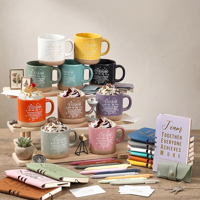 Didaey 10 Sets Team Appreciation Gifts Set 13oz Pastel Inspirational Ceramic Coffee Mugs A6 Leather Notebooks Ballpoint Pens Bulk Thank You Gifts for End of Year Teacher Team Members Coworker Staff