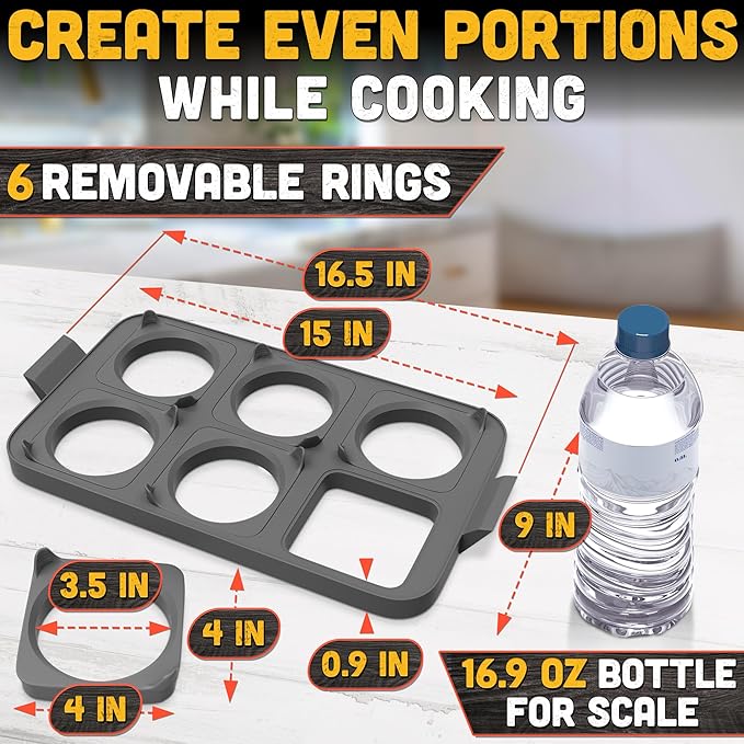 Silicone Egg Rings for Griddle - 16.5" x 9" BBQ Grill Pancake Mold Tray with 6 Round & Square Shapes - Silicone Egg Molds for Even Round Eggs, Patties, Burgers, Breakfast Sandwiches & Outdoor Cooking
