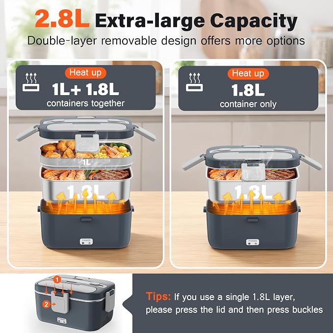 2.8L Electric Heated Lunch Box - 100W Portable Food Warmer for Adults, Leak-Proof & Dishwasher-Safe, Ideal for Car, Truck, Travel, Work, Gift for Men & Women