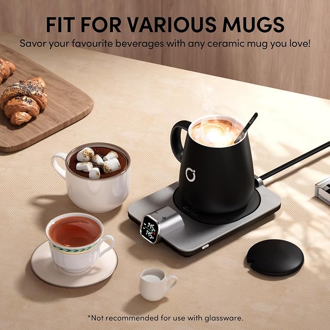 2Pcs Heated Coffee Mug Warmer & IKAGO Mug Set - Heated Mug Warmer Plates with Auto Shut Off, 1°F Precise Electric Coffee Warmer Plates for Desk, Valentine's Day Gift for Couple, Black and Pink