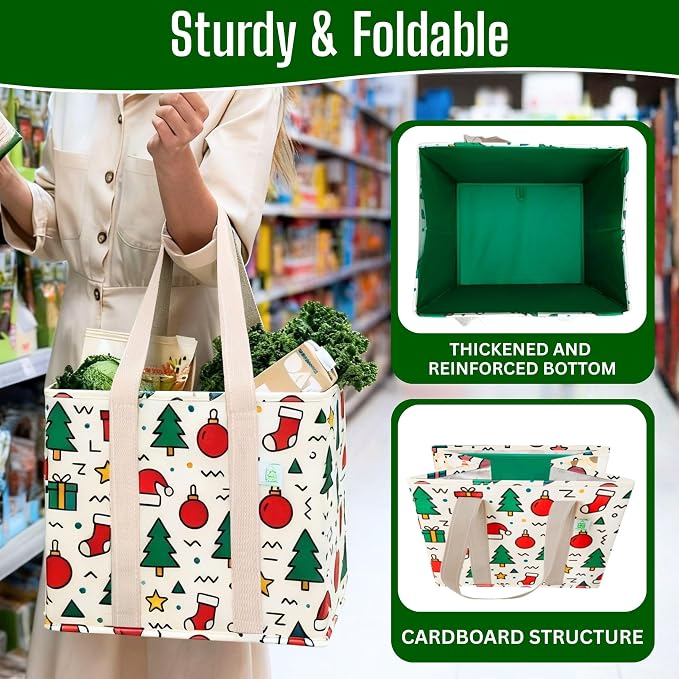 VENO 3 Pack Reusable Grocery Bags, Shopping Bags for Groceries, Tote with Handles and Hard Bottom, Foldable Shopping Cart Organizer, Water Resistant, Heavy-Duty (Jingle Mix, 6 Gallon)