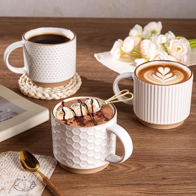 GBhome 6OZ Stackable Coffee Mugs with Stand and Saucer, Ceramic Coffee Mugs Set of 4 with Texture Patterns for Man,Woman,Dad,Mom, Modern Coffee Cups for Latte/Espresso. Dishwasher&Microwave Safe