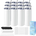 Hiipoo 12 Pack Sublimation Tumblers Blank 20 oz Straight Skinny with Sublimation Papers, Lids and Straws, Shrink Wrap Films, Stainless Steel Double Wall Insulated Tumbler for Mug Press Machine