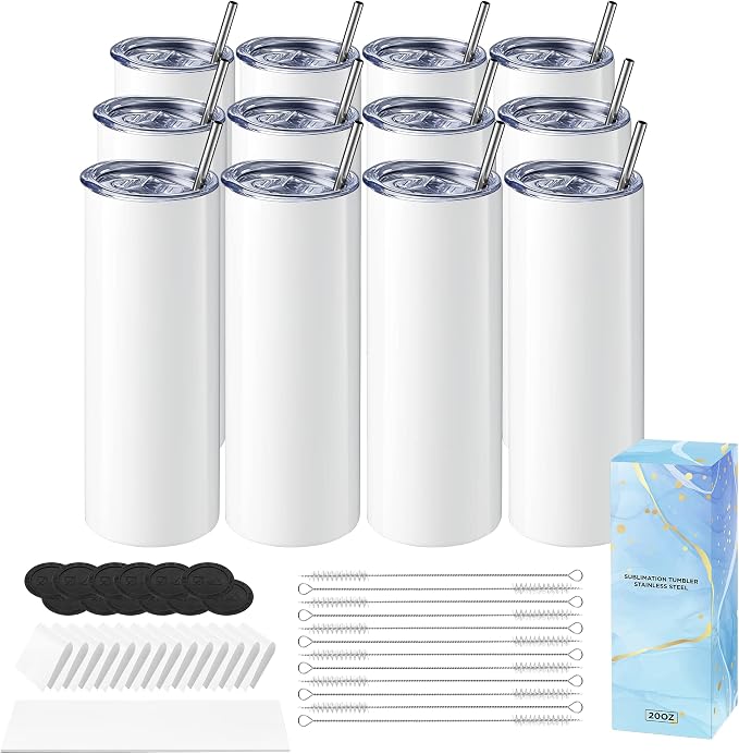 Hiipoo 12 Pack Sublimation Tumblers Blank 20 oz Straight Skinny with Sublimation Papers, Lids and Straws, Shrink Wrap Films, Stainless Steel Double Wall Insulated Tumbler for Mug Press Machine