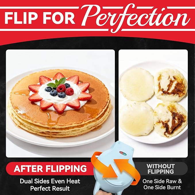 SugarWhisk Flip Pancake Maker Machine, Ceramic Coated Pancake Pan for 6.5 Inch Pancakes, Omelette, Crepe & Quesadilla, Frittata, Double Sided Omelette Pan Nonstick, Pale Blue