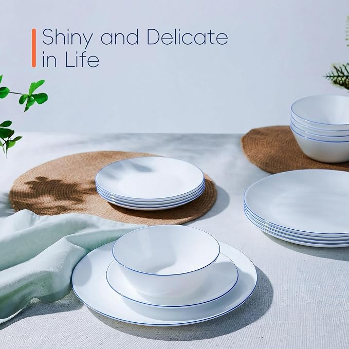 Dinnerware Sets for 4, LaGlint 12 Pieces Opal Glass Plates and Bowls Set, Dishwasher and Microwave Safe Dish Dinning Ware Set, Chip and Scratch Resistant Dishware Sets Hand Painted Navy Blue Rim