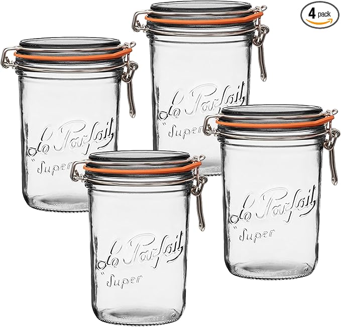 Le Parfait Super Terrine 1L (32oz) Zero Waste Eco-Friendly Glass Canning Jars, Airtight Rubber Seal & Wire Bail Lid, BPA-Free, Water Bath Safe for Food Storage & Preserving, Made in France, 4PK
