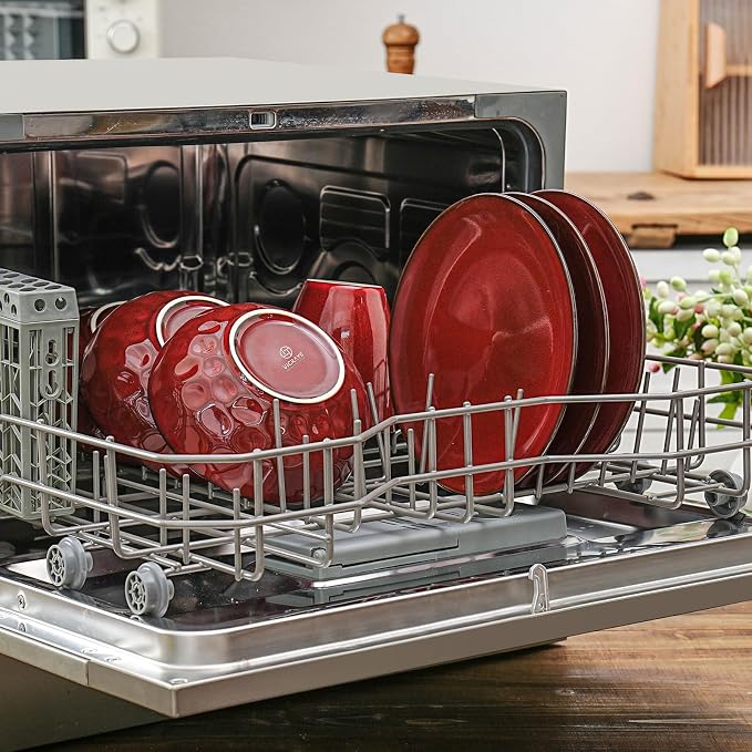 Vicrays 12-Piece Ceramic Dinnerware Set, Dinner Plates, Salad Plates & Cereal Bowls, Dish Set for 4, Microwave, Oven & Dishwasher Safe, Scratch Resistant, Cherry Red