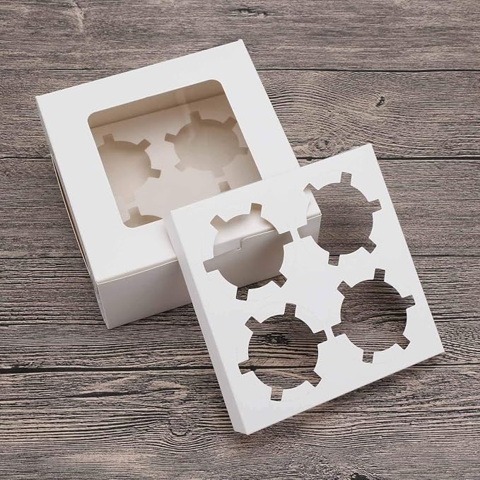 EUSOAR Muffin Boxes, 50pcs 6.4" x 6.3" Kraft Cupcake Boxes 4 Count White Color Muffin Containers, Cupcake Carrier with Insert and Display Window Fits 4 Cupcakes or Muffins