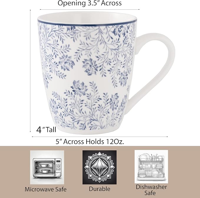 Lorren Home Trends Floral Rose Coffee Mug Set of 4, 12 Oz, Microwave and Dishwasher Safe, Bone China (LIGHT BLUE)