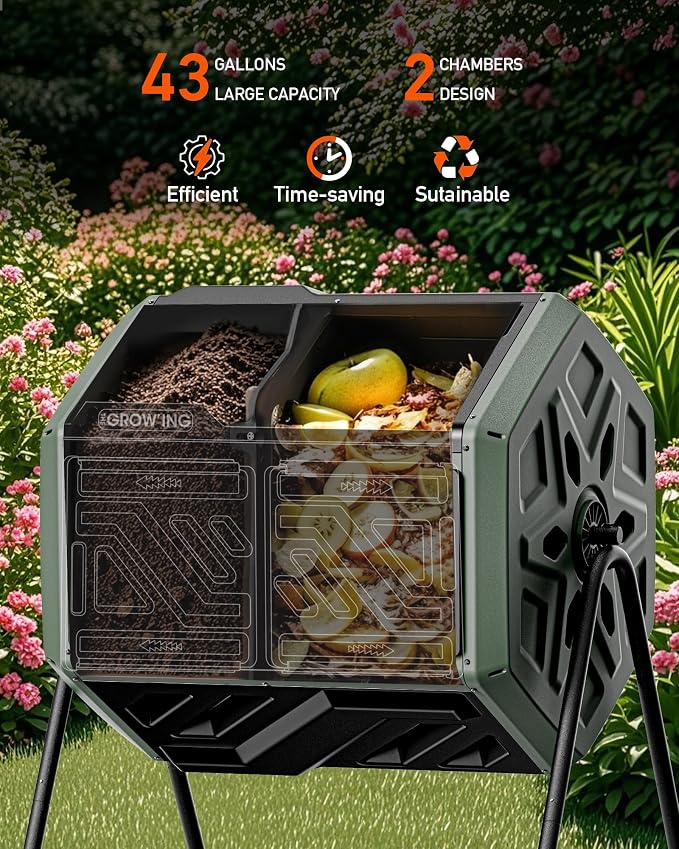 THE Growing 43 Gal Outdoor Compost Bin Tumbler for Backyard Garden, Green | Twin 21.5gal chambers match garden lawns. Pre-embedded nuts for fast setup. Durable resin deters pests and strong odors.