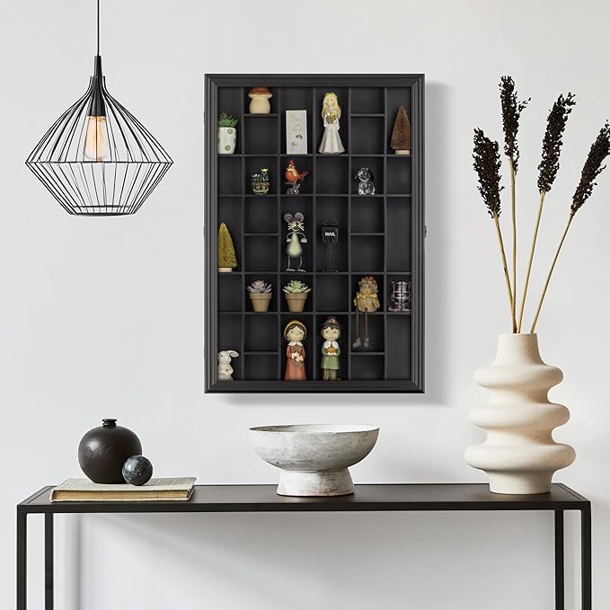 Gallery Solutions - Black Wall-Mounted - Curio & Shot Glass Display Case - 17"x26" Glass Door - Bar Accessories - Collectible - Miniature Glassware - Bar Accessories