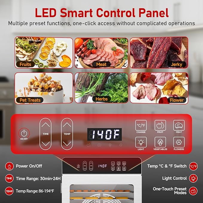 Commercial Food Dehydrator 10 Trays, 9.1ft² Large Capacity Food Dryer Machine for Jerky, 800W Food Dryer with 194°F Temp & 24H Time Control for Herbs, Fruit, Meat, Yogurt