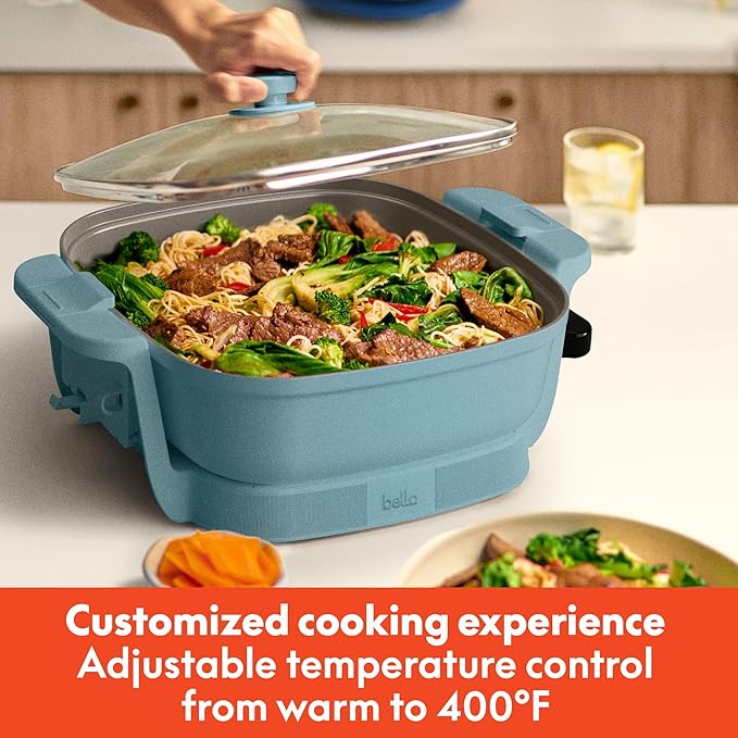 bella Make & Take Electric Skillet, Fits-anywhere™ kitchenware, EverGood™ Ceramic Coating, Adjustable Temperature & Dishwasher-Safe Tempered Glass Lid, Cast Aluminum Base, 1200 Watt, Surf