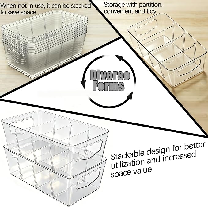 SPACELEAD 6 Pack Clear Pantry Organization Storage Bins with Dividers | Transform chaotic kitchen cabinets and refrigerators into a tidy food storage system. Easily find groceries and snacks.