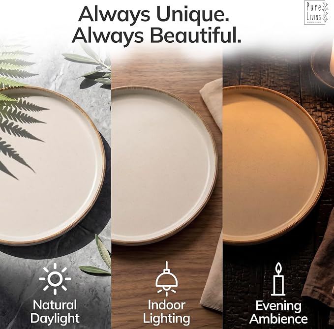 32 Piece Stoneware Dinnerware Set for 8 - Handmade Reactive Glaze Plates and Bowls Set - Chip & Scratch Resistant Dish Set - Dishwasher Microwave Safe - Rustic Beige