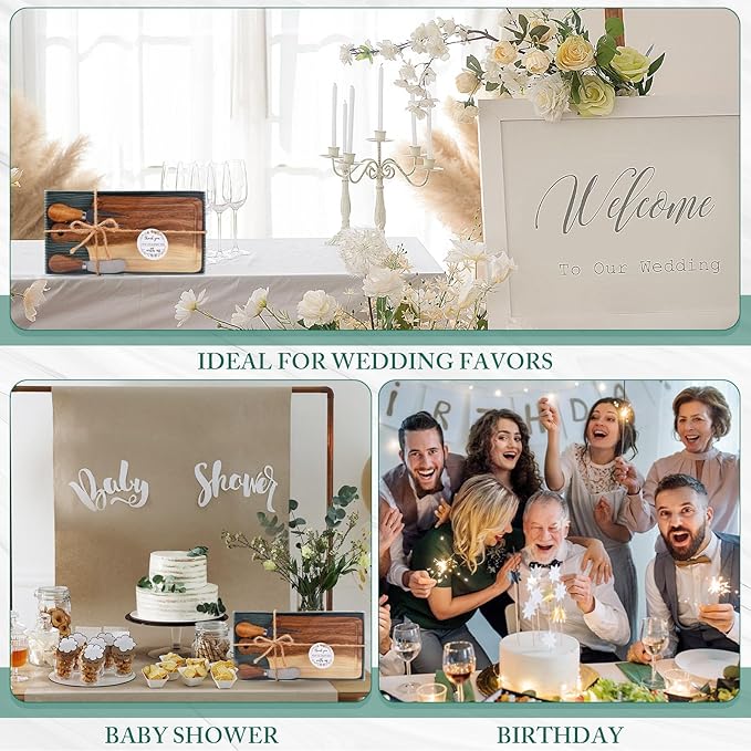 Ziliny 5 Sets Bridal Baby Shower Cheese Prizes Wooden Square Board Gift Set Knives Forks Thank You Tags with Box for Guests for Valentines Bridal Baby Shower Housewarming (Acacia Color)
