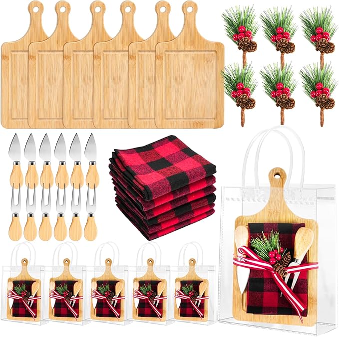 6 Set Christmas Cutting Board Gift Bulk Wooden Cheese Charcuterie Board Gift Set with Knives Forks Red Berry Towels Gift Bags Kitchen Housewarming Gifts for Neighbor Guest Xmas Holiday Party Decor
