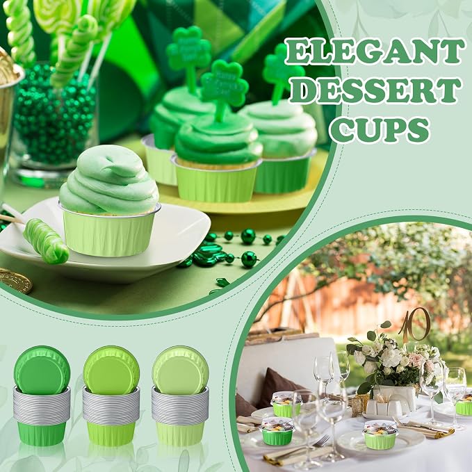 Gejoy 400 Pcs Aluminum Foil Baking Cups with Lids 5 oz Disposable Ramekins Mini Cake Pans Creme Brulee Cupcake Liners Muffin Dessert Container for Wedding Birthday Party (Classic,Mixed Green)