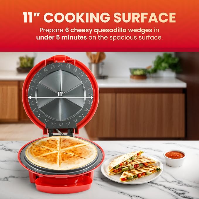 Elite Gourmet EQD-118 Electric Non-Stick 11" Quesadilla Maker,Easy-Slice 6-Wedge,Grilled Cheese Corn Flour Tortilla Snacks,Red,(Pack of 3)