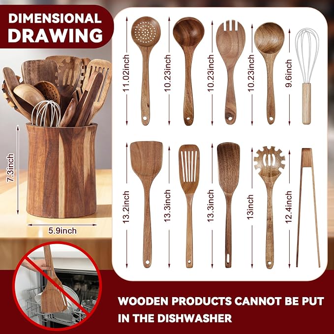 SiliFine 11 Pcs Wooden Kitchen Utensils Set with 360° Trumpet Rotating Holder Acacia Wood Cooking Utensils with Holder Cooking Spoons Spatulas for Nonstick Cookware Countertop Kitchen (Natural)