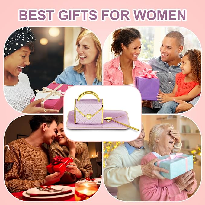 Zubebe 1 Set Coffee Mug Elegant Handbag Shaped Cup Modern Ceramic Purse Mug with Spoon and Saucer, 10oz Cute Creative Tea Cup for Woman Girls Gift (Purple)