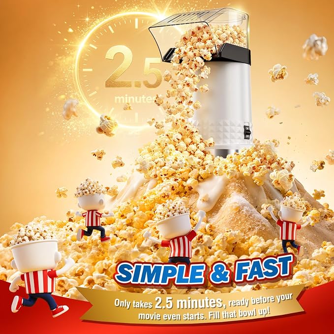 4.5Qt Hot Air Popcorn Popper - Oil-Free Healthy Popcorn Machine with Butter Melting Tray, Measuring Cup & One-Touch Switch, ETL Certified Popcorn Maker for Home, Movie Night, Party (White)