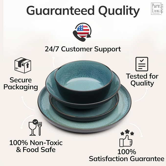 Stoneware Dinnerware Set for 4, 16 Piece Plates and Bowls Set - Handmade Reactive Glaze, Chip & Scratch Resistant Sets - Dishwasher Microwave Safe, Modern Kitchen Dinner Service in Dark Petrol Blue