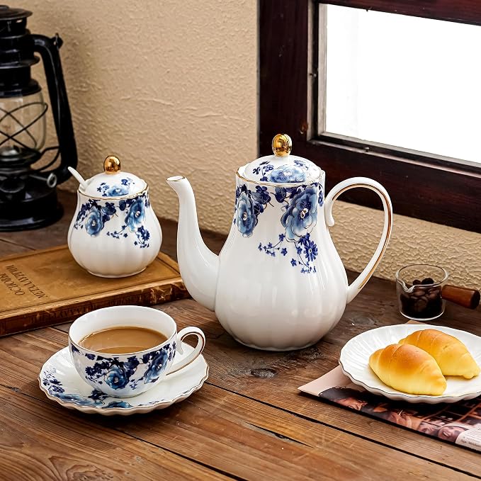 Agyiuns ceramic tea cup and saucer set of 4,floral teacup sets for Coffee, Latte, Cafe Mocha and Tea (Dark blue flowers)