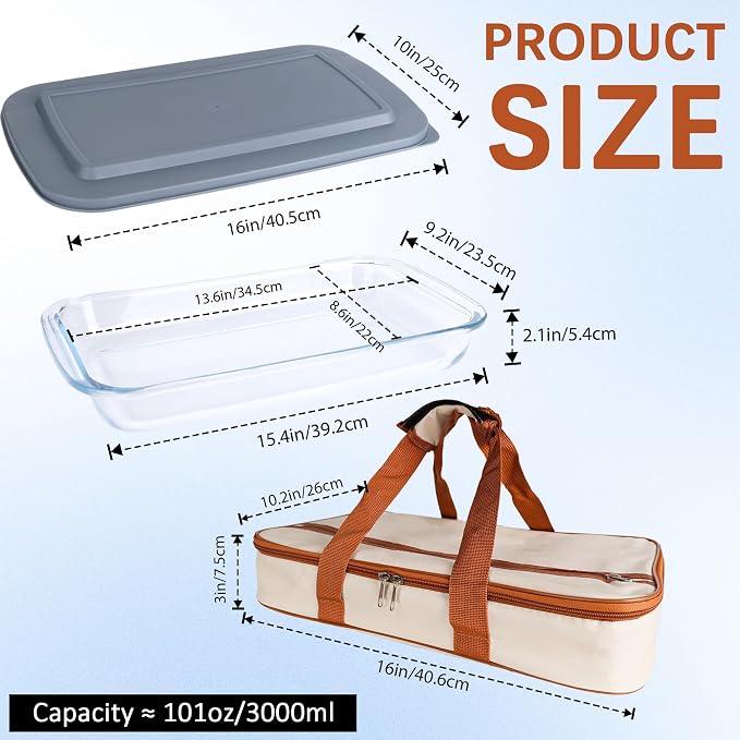 9x13 Glass Baking Dish With Lid - 3qt Glass Casserole With Carrier Insulated Bag For Hot Or Cold Food - Large Casserole Dish For Oven Potluck Party Picnic Cookouts（Beige and brown）
