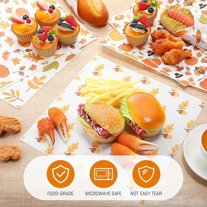 Reallnaive 600 Pcs Thanksgiving Theme Wax Paper Sheets 12 x 12 Inch Parchment Deli Tissue Paper Sandwich Wrapping Sheets Food Basket Liners for Kitchen Restaurant Baking Supplies, 6 Styles