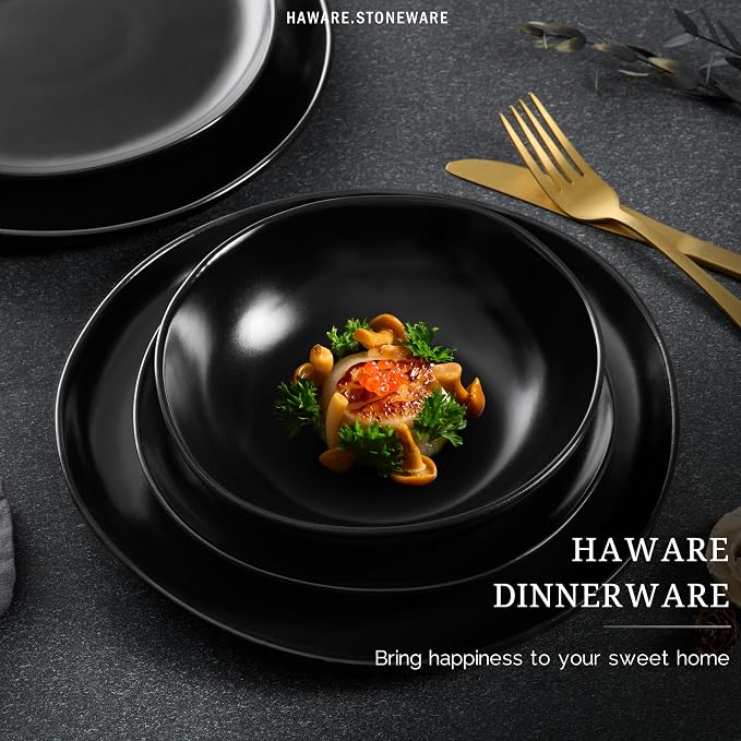 HaWare 12-Piece Stoneware Dinnerware Set for 4, Matte Black | Stoneware, Irregular Round, Scratch Resistant, Microwave &Dishwasher Safe
