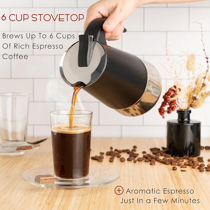 Mixpresso Black 6 Cup Greca Stovetop Espresso Pot 300ml/10oz, Moka Pot with Coffee Percolator Design, Stainless Steel Stove Top Coffee Maker for Camping or Home Use,Italian Stovetop Espresso Maker
