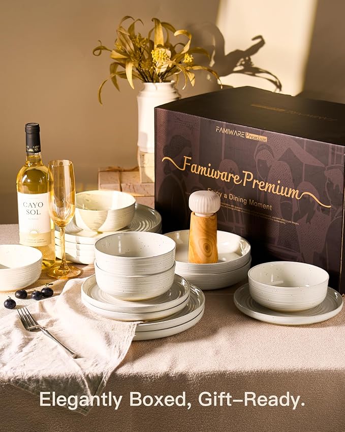 24-Piece Stoneware Dinnerware Sets for 8 - Coupe Plates and Bowls with Speckles & Spirals - Chip & Scratch Resistant, Microwave & Dishwasher Safe - Farmhouse Dishes - Gift Box, Cream