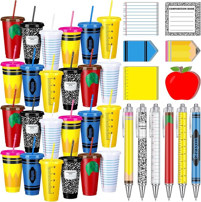 Honeydak 24 Set Back to School Teacher Gift Bulk Teachers Appreciation Gifts in Bulk 24oz Teacher Tumbler Cute Composition Notebook Sticky Note Ballpoint Pen for Mentor Lecturer Educator