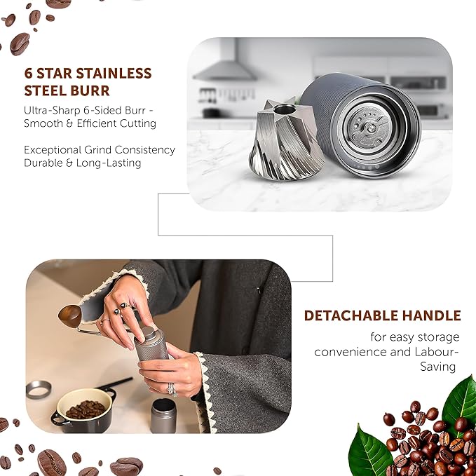 5 in 1 Manual Stainless Steel Coffee Grinder - Espresso Grinder, Manual Coffee Grinder, Coffee Grinder, Conical Coffee Burr Grinder with Double Bearing, Steel Body