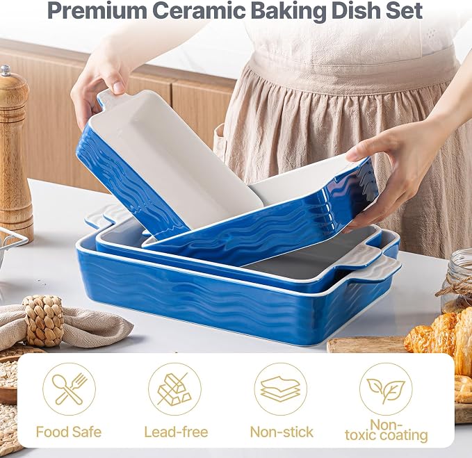 Estmoon Ceramic Baking Pan with Handles, Porcelain Baking Pans Set of 4, Oven Safe and Durable Baking Dishes Rectangular Baking Sheets for Wedding Gifts, Cooking, Blue(7.5''/9"/10.6"/12")