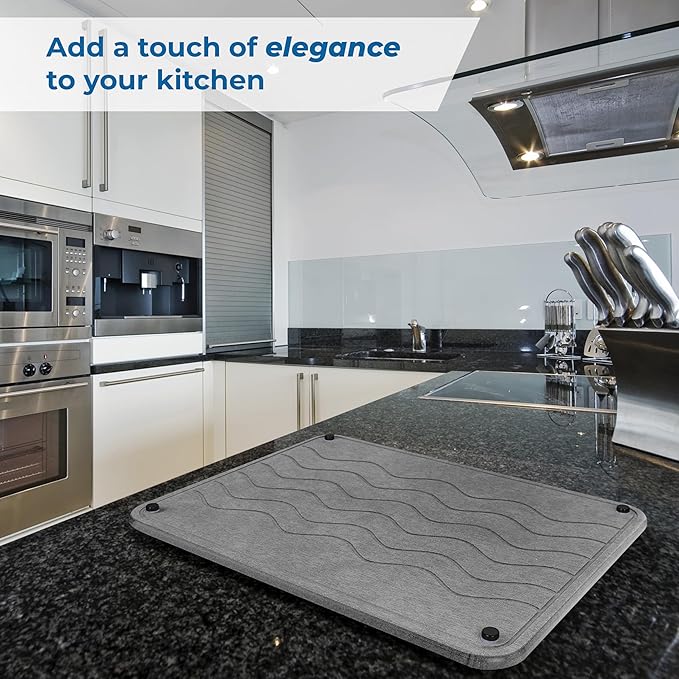 Spaceneat Diatomite Stone Drying Mat for Kitchen Counter - Rapid Moisture Removal - 15.7" x 11.8" Large Dish Drying Stone for Kitchen Sink - Diatomaceous Earth Quick Dry Dish Mat - Gray Waves