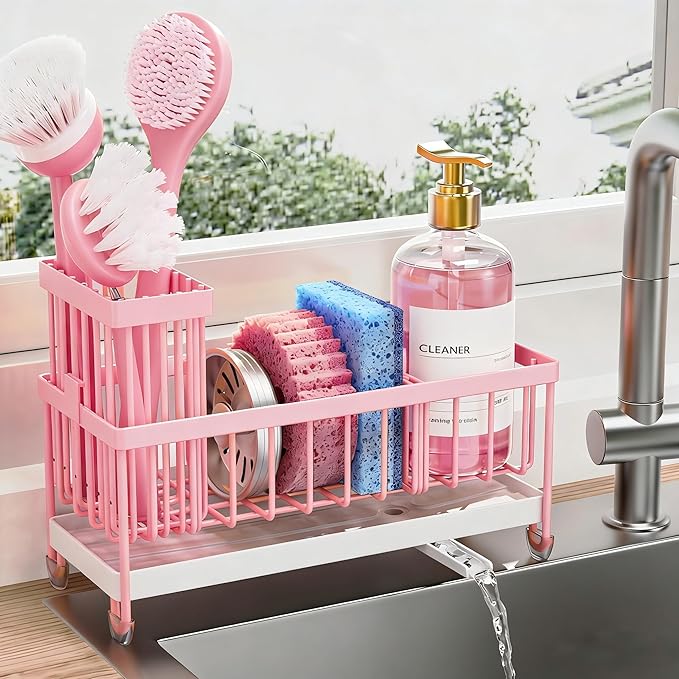 Cisily Sponge Holder for Kitchen Sink, Sink Caddy Organizer with High Brush Holder, Kitchen Countertop Organizers and Storage Essentials, Rustproof 304 Stainless Steel (Pink, 9.25″)